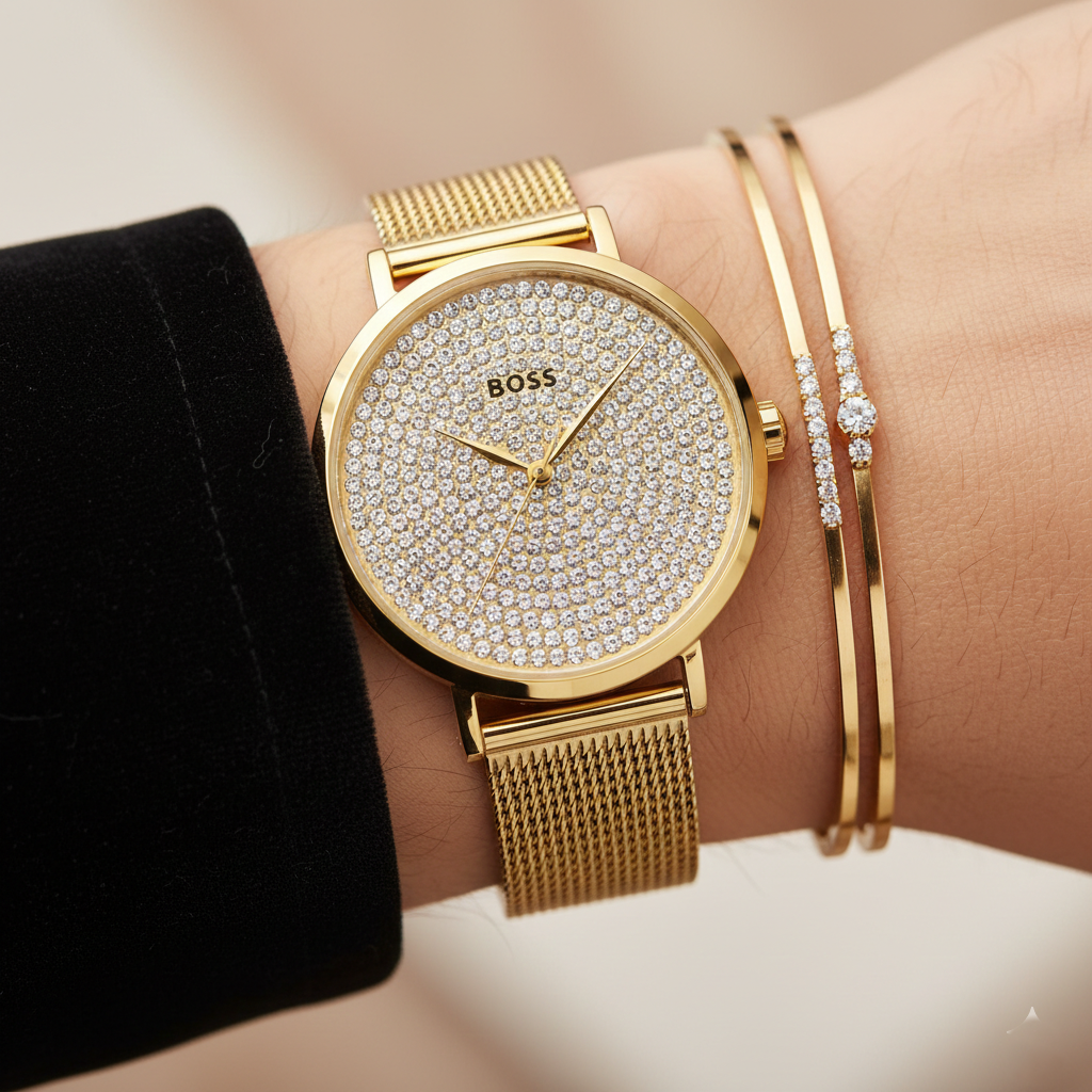 Hugo Boss Crystal Pavé 1502659 36mm Women’s Two-Hand Quartz Watch – Full Crystal-Pavé Dial & Gold Stainless Steel Mesh Bracelet