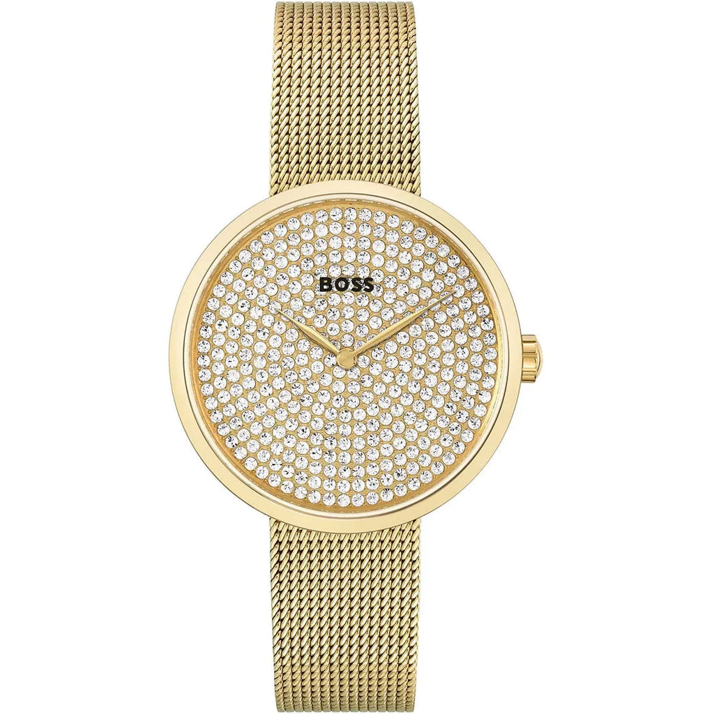 Hugo Boss Crystal Pavé 1502659 36mm Women’s Two-Hand Quartz Watch – Full Crystal-Pavé Dial & Gold Stainless Steel Mesh Bracelet