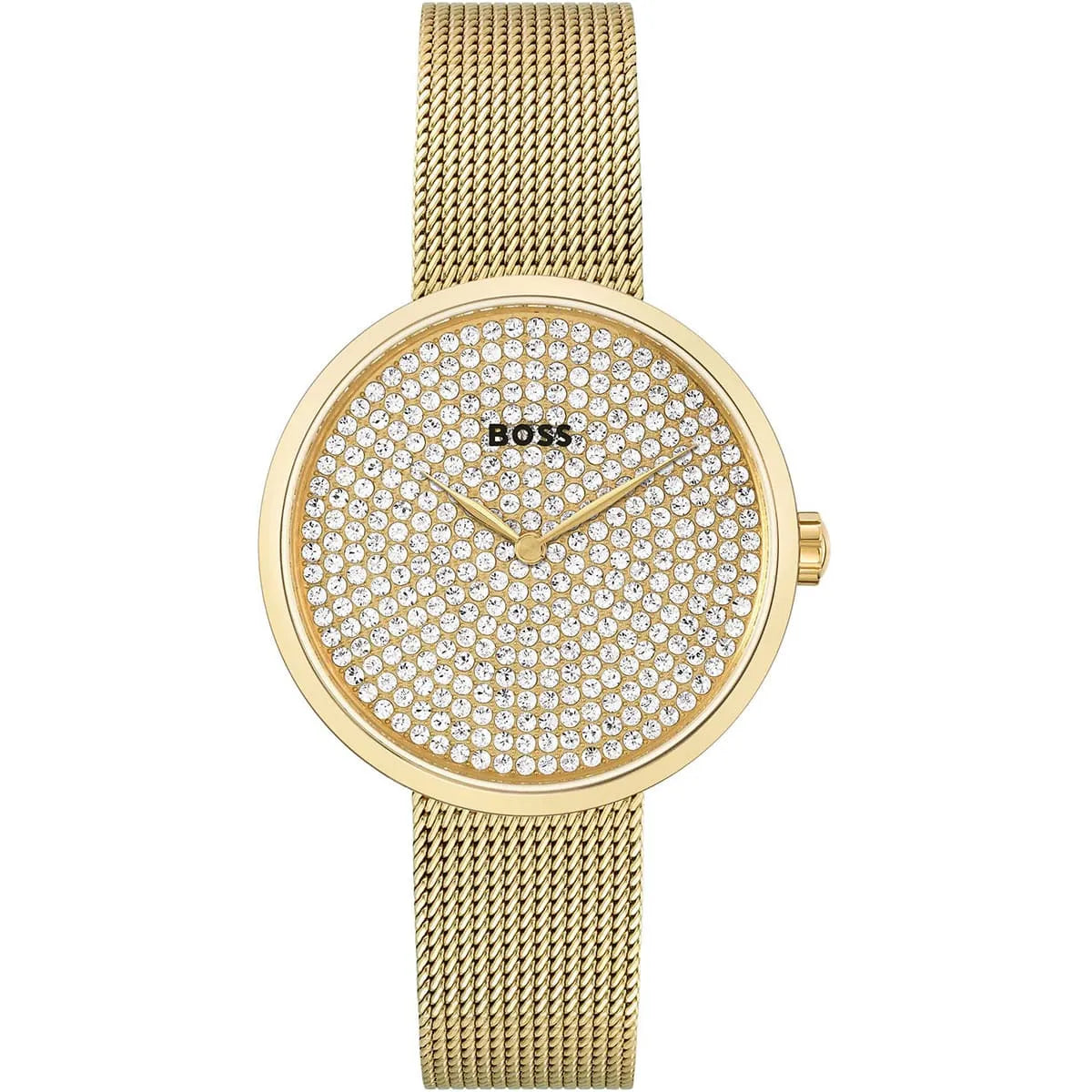 Hugo Boss Crystal Pavé 1502659 36mm Women’s Two-Hand Quartz Watch – Full Crystal-Pavé Dial & Gold Stainless Steel Mesh Bracelet
