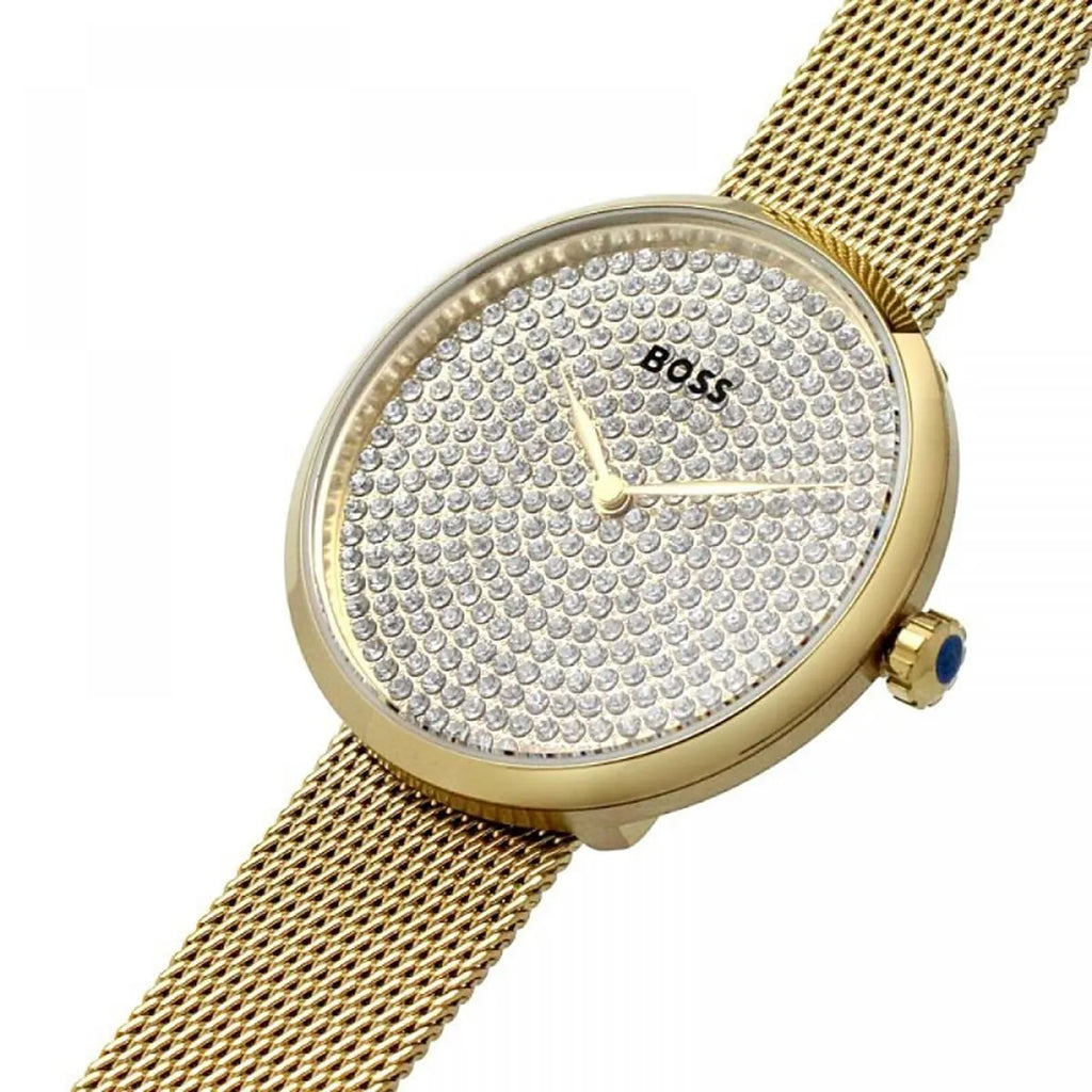 Hugo Boss Crystal Pavé 1502659 36mm Women’s Two-Hand Quartz Watch – Full Crystal-Pavé Dial & Gold Stainless Steel Mesh Bracelet