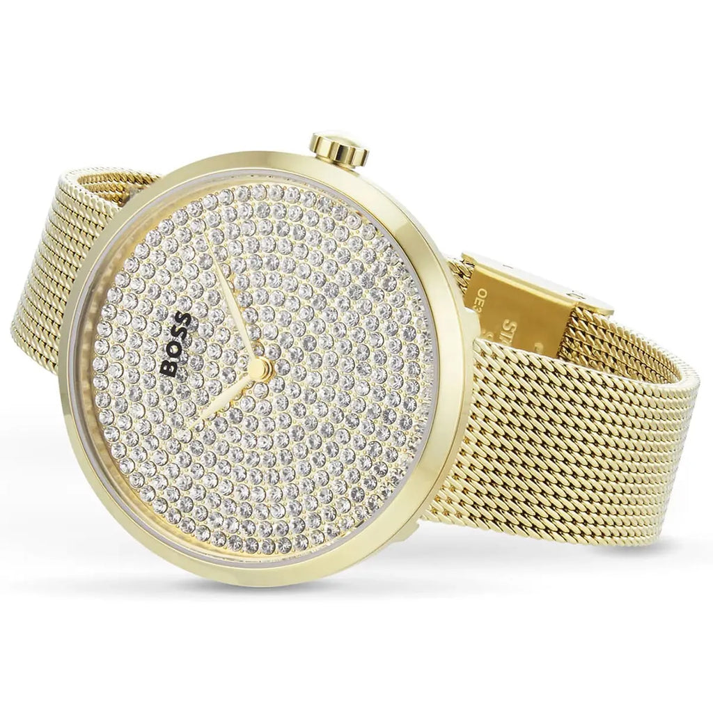 Hugo Boss Crystal Pavé 1502659 36mm Women’s Two-Hand Quartz Watch – Full Crystal-Pavé Dial & Gold Stainless Steel Mesh Bracelet