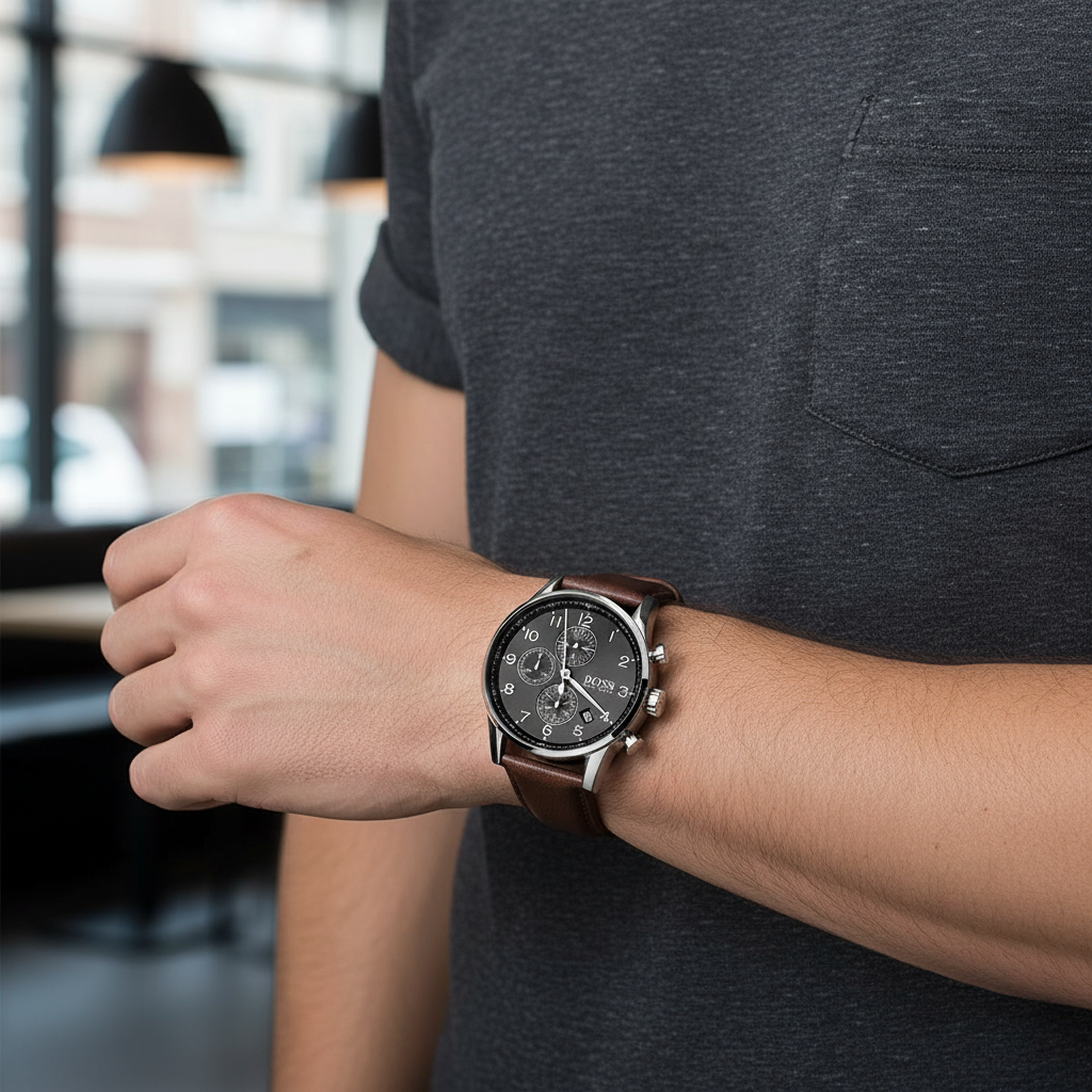 Hugo Boss Navigator 1513494 44mm Men’s Chronograph Watch – Grey Dial & Brown Genuine Leather Strap