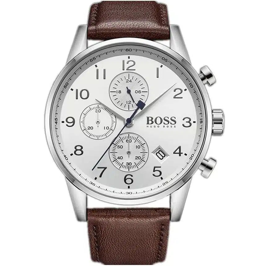 Hugo Boss Navigator 1513495 44mm Men’s Chronograph Watch – White Dial & Brown Genuine Leather Strap