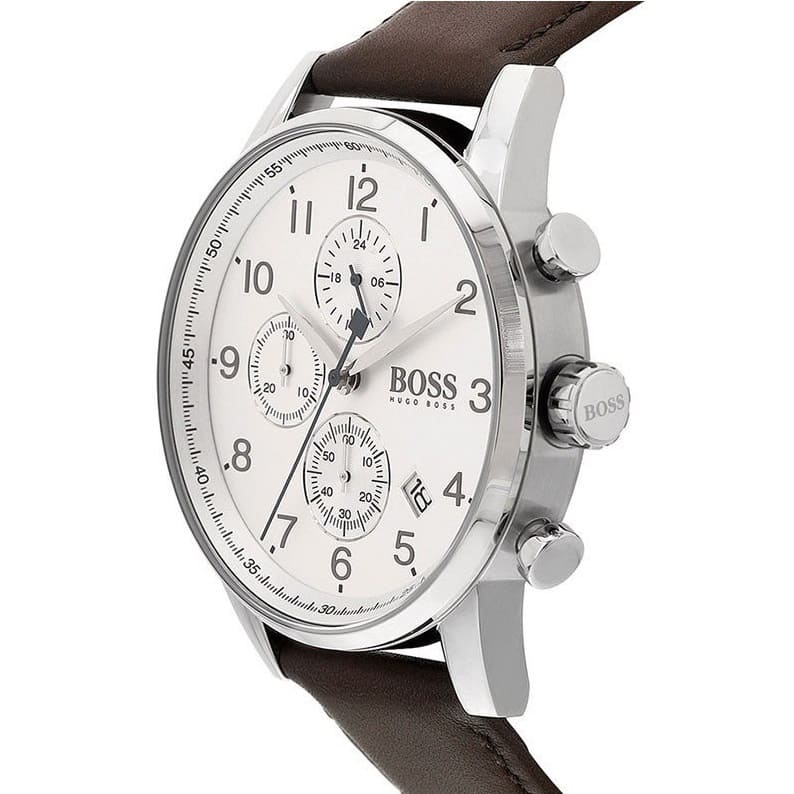 Hugo Boss Navigator 1513495 44mm Men’s Chronograph Watch – White Dial & Brown Genuine Leather Strap