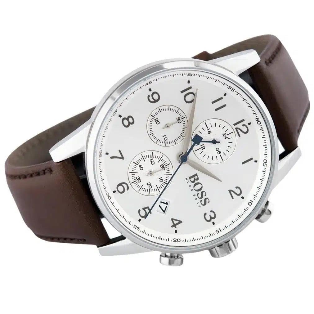 Hugo Boss Navigator 1513495 44mm Men’s Chronograph Watch – White Dial & Brown Genuine Leather Strap