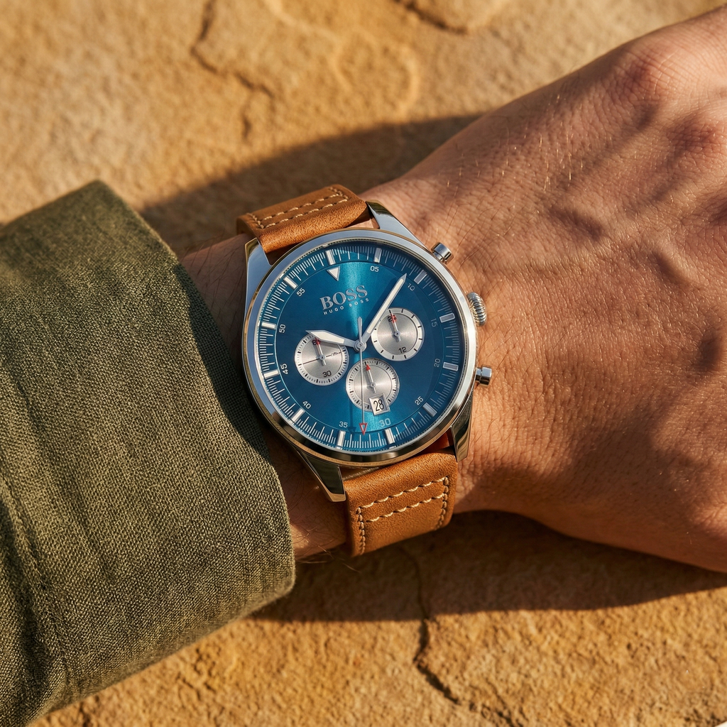 Hugo Boss Pioneer 1513709 44mm Men’s Chronograph Watch – Blue Dial & Brown Genuine Leather Strap