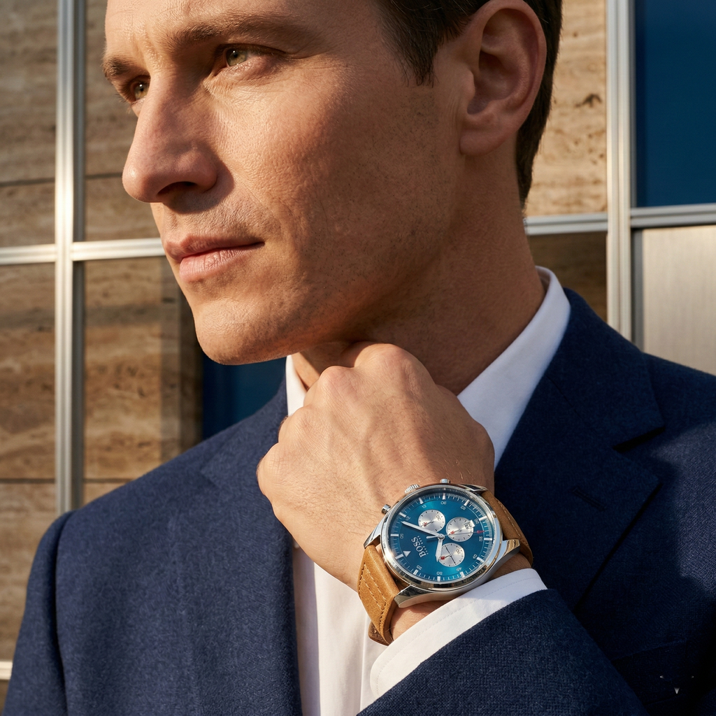 Hugo Boss Pioneer 1513709 44mm Men’s Chronograph Watch – Blue Dial & Brown Genuine Leather Strap