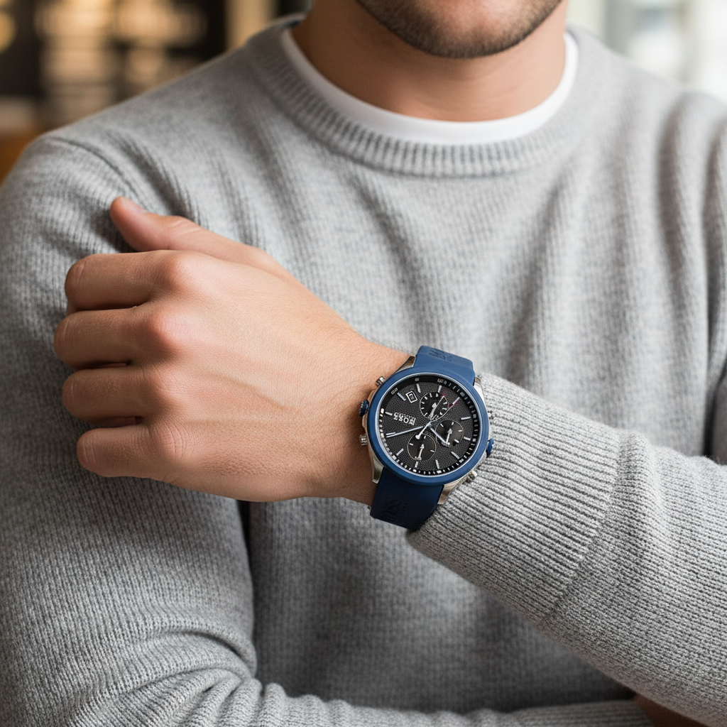 Hugo Boss Velocity 1513717 44mm Men’s Chronograph Watch – Black Dial & Blue Silicone Rubber Strap