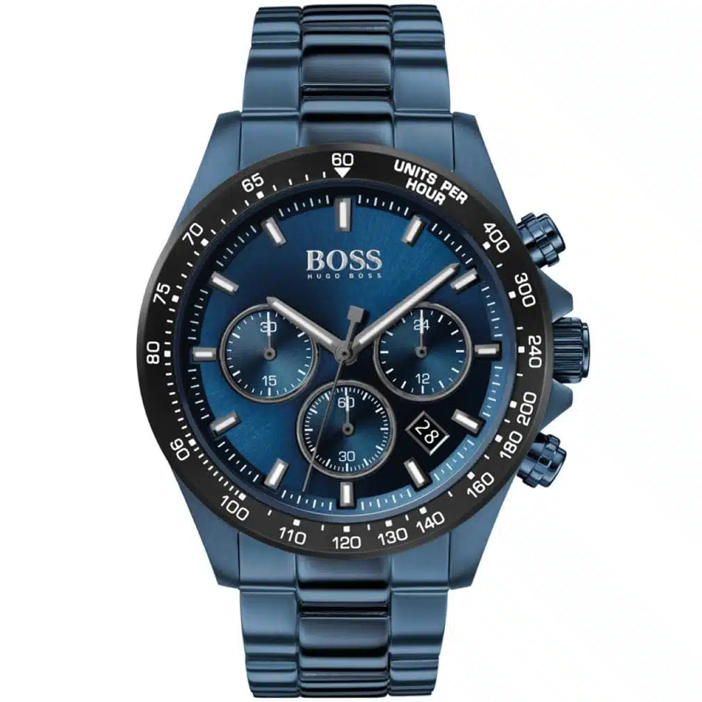 Hugo Boss Hero 1513758 43mm Men’s Chronograph Watch – Blue Sunray Dial & Blue Stainless Steel Link Bracelet