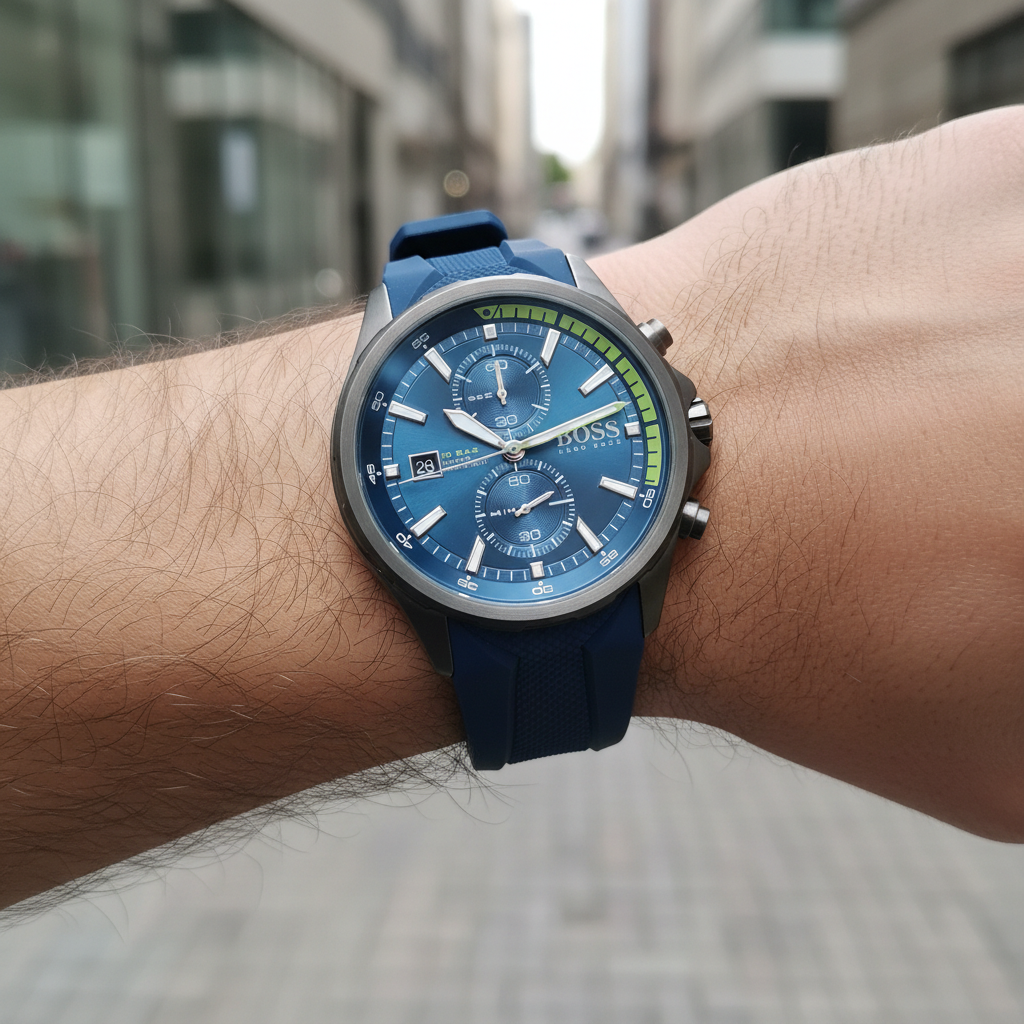 Hugo Boss Globetrotter 1513821 46mm Men’s Chronograph Watch – Blue Sunray Dial & Blue Rubber Strap