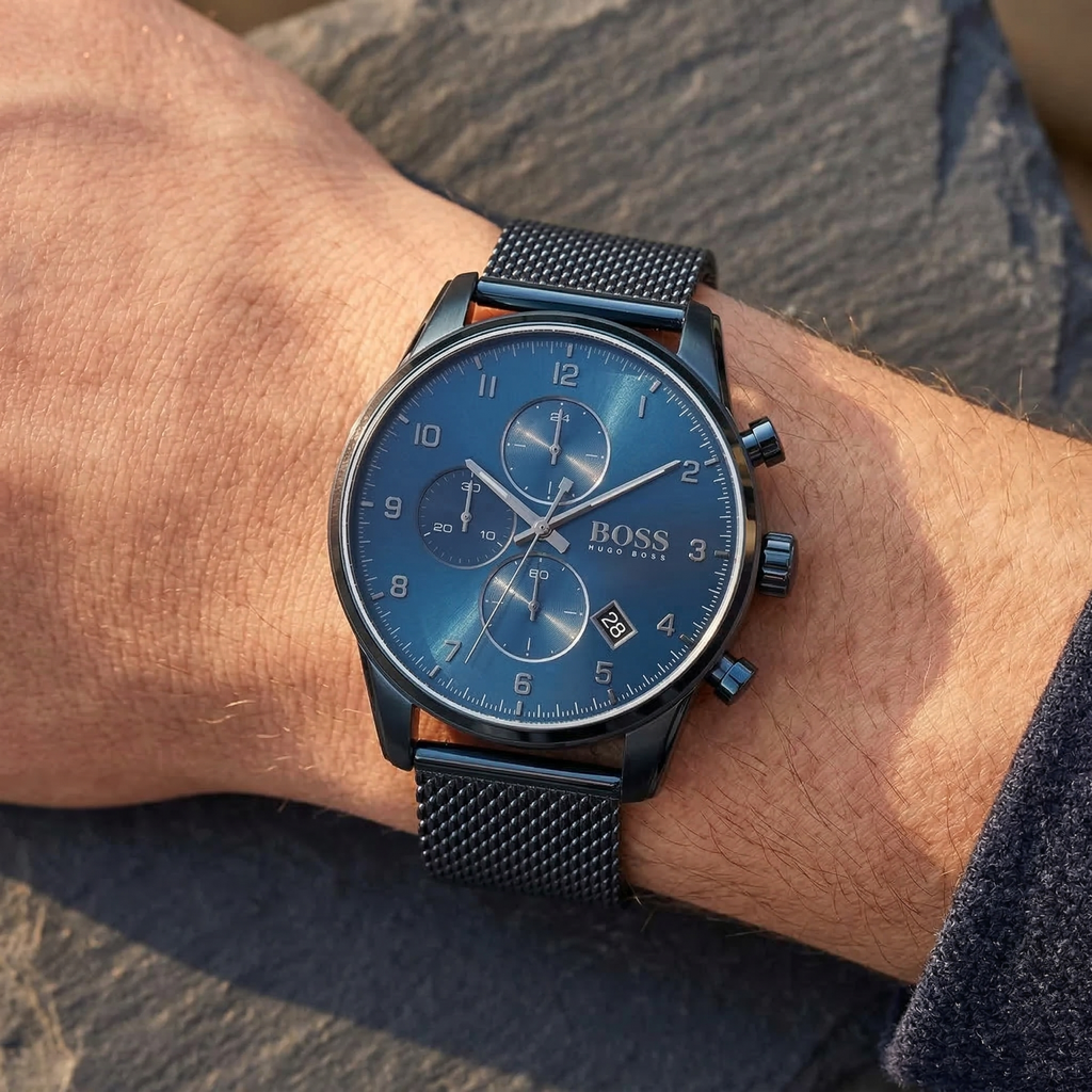 Hugo Boss Skymaster 1513836 43mm Men’s Chronograph Watch – Blue Dial & Stainless Steel Mesh Bracelet