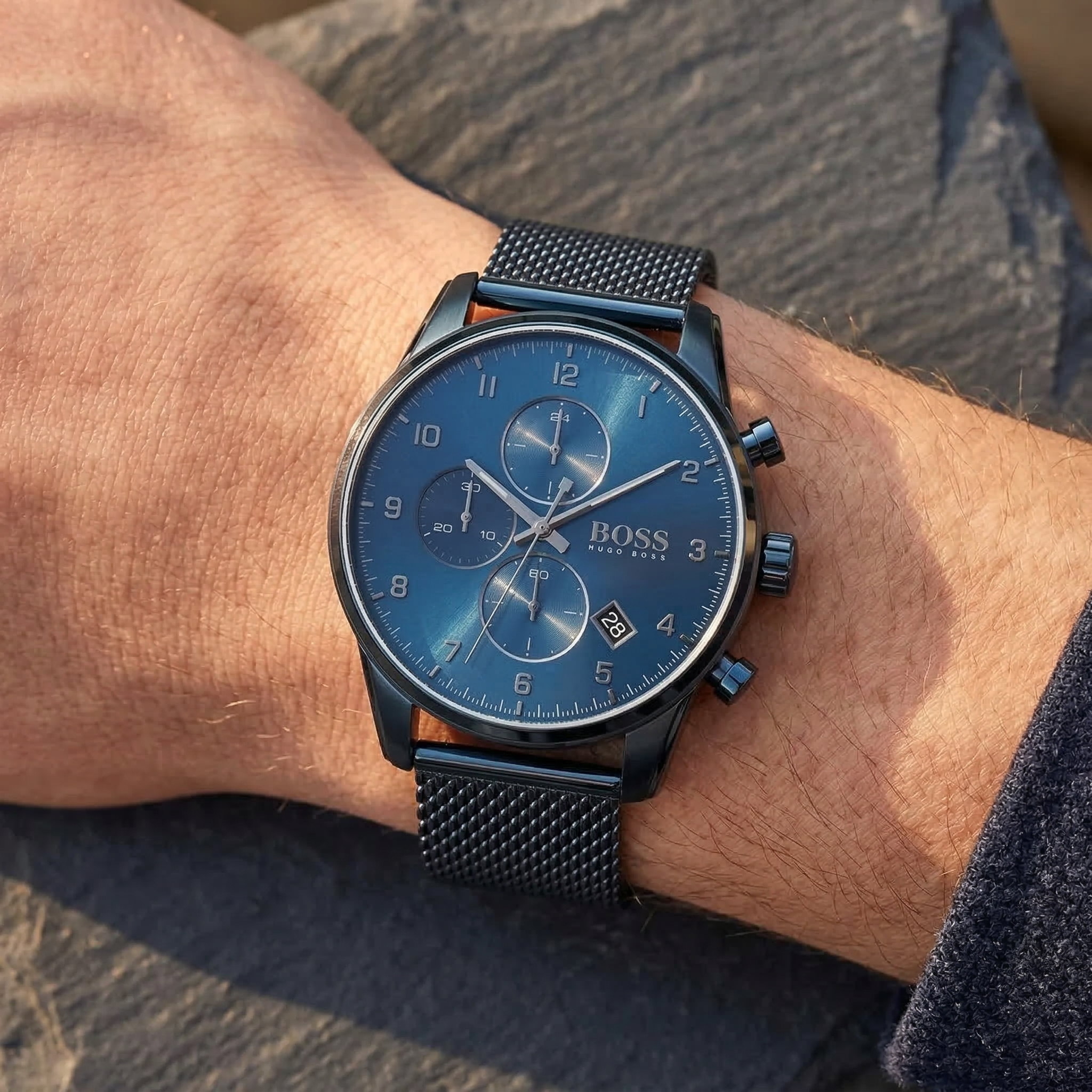 Hugo Boss Skymaster 1513836 43mm Men’s Chronograph Watch – Blue Dial & Stainless Steel Mesh Bracelet