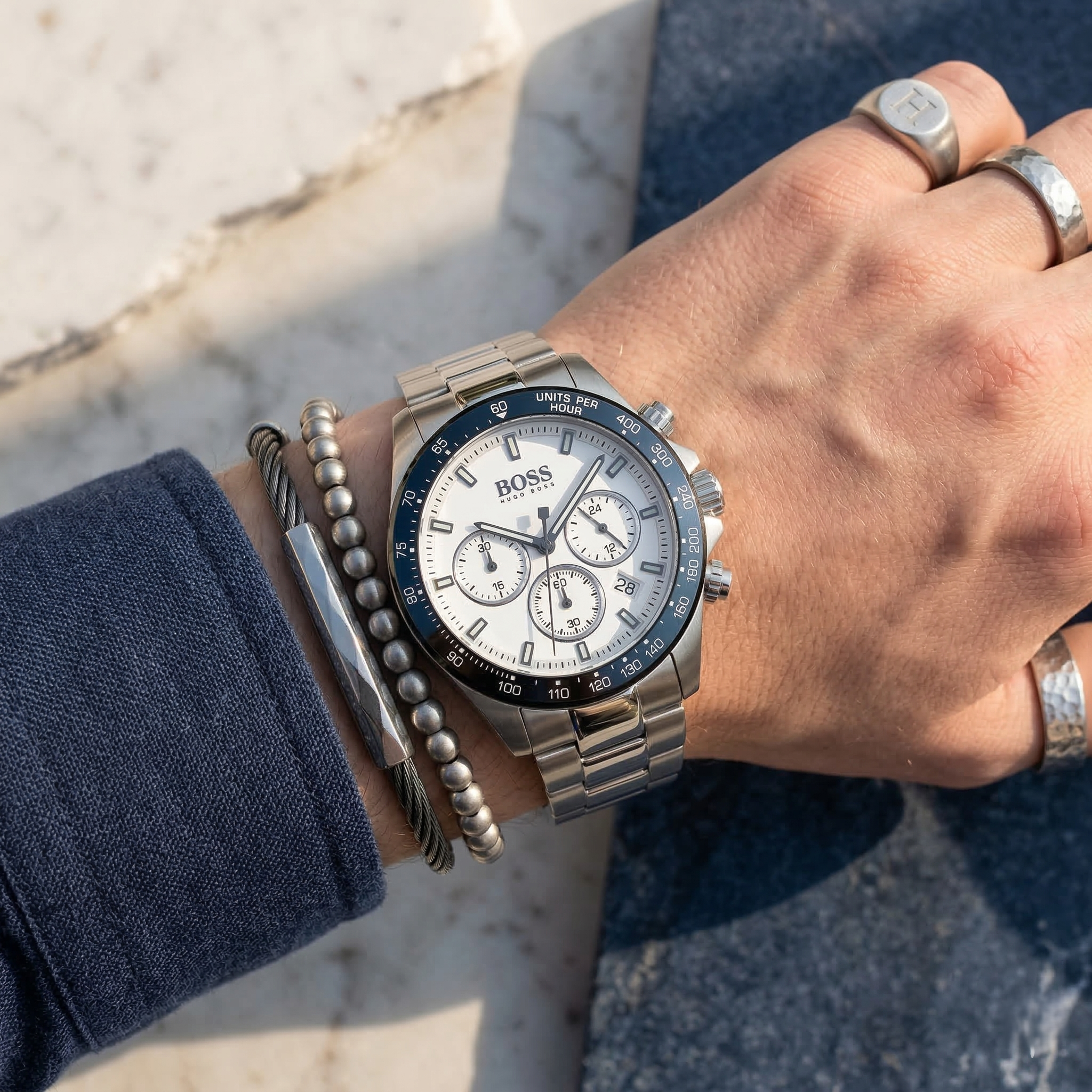 Hugo Boss Volane 1513875 44mm Men’s Chronograph Watch – White Dial & Silver-tone Stainless Steel Link Bracelet