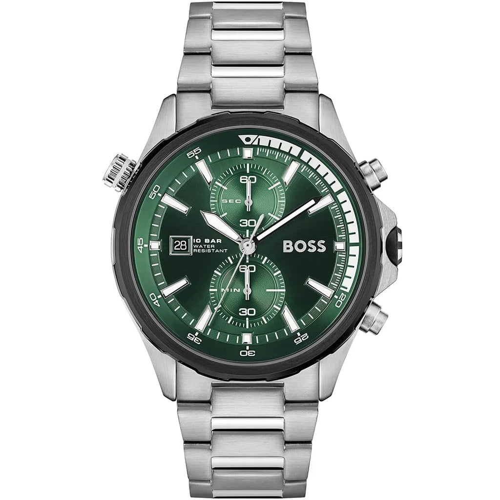 Hugo Boss Globetrotter 1513930 46mm Men’s Chronograph Watch – Green Dial & Silver Stainless Steel Link Bracelet