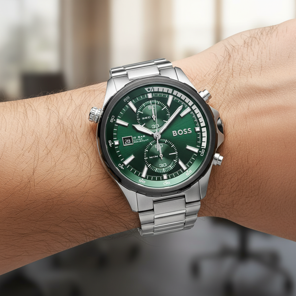 Hugo Boss Globetrotter 1513930 46mm Men’s Chronograph Watch – Green Dial & Silver Stainless Steel Link Bracelet