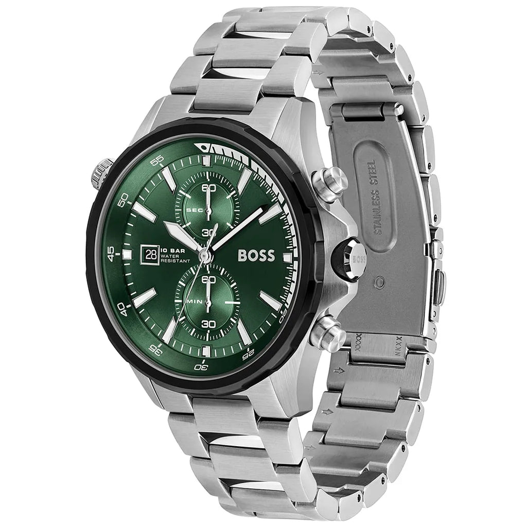 Hugo Boss Globetrotter 1513930 46mm Men’s Chronograph Watch – Green Dial & Silver Stainless Steel Link Bracelet