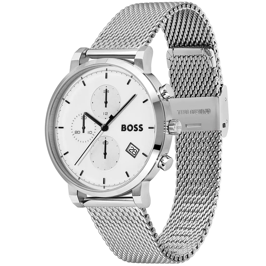 Hugo Boss Skymaster 1513933 43mm Men’s Chronograph Watch – White Dial & Silver-tone Stainless Steel Mesh Bracelet