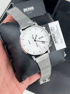 Hugo Boss Skymaster 1513933 43mm Men’s Chronograph Watch – White Dial & Silver-tone Stainless Steel Mesh Bracelet
