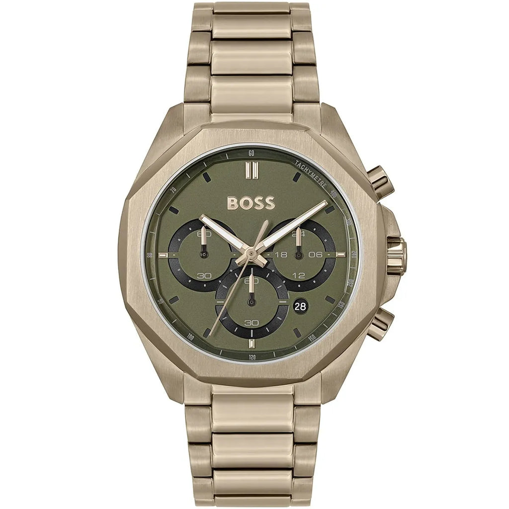 Hugo Boss Cloud 1514019 43mm Men’s Chronograph Watch – Olive Green Dial & Beige Gold Stainless Steel Link Bracelet