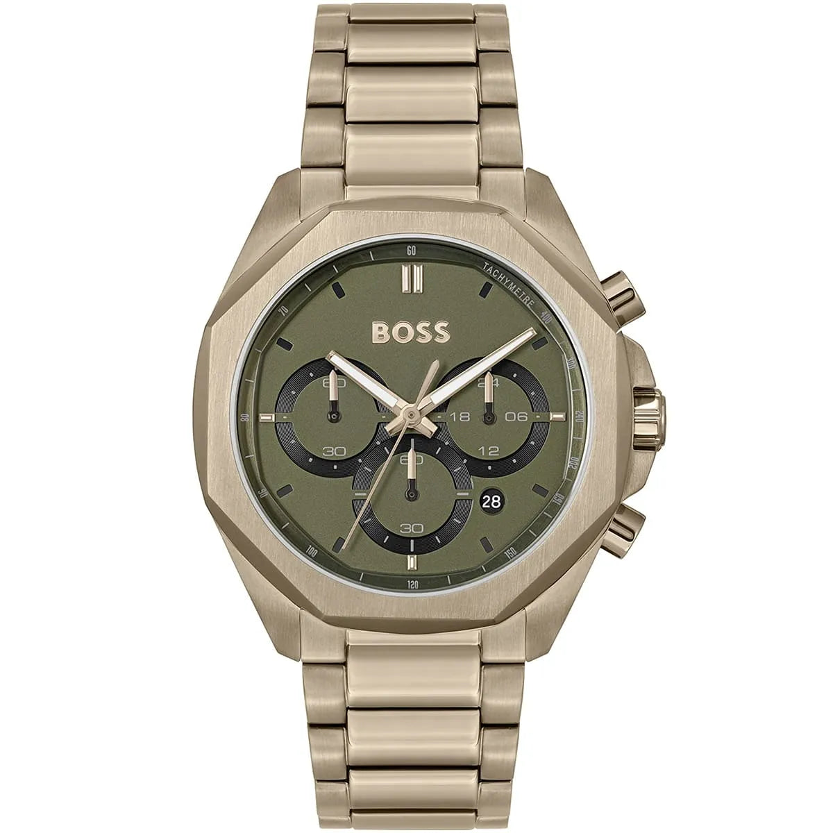 Hugo Boss Cloud 1514019 43mm Men’s Chronograph Watch – Olive Green Dial & Beige Gold Stainless Steel Link Bracelet