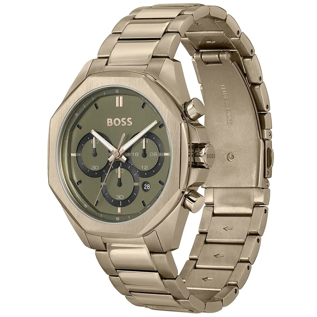 Hugo Boss Cloud 1514019 43mm Men’s Chronograph Watch – Olive Green Dial & Beige Gold Stainless Steel Link Bracelet