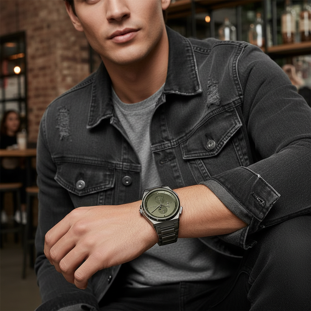 Hugo Boss Steer 1514045 44mm Men’s Chronograph Watch – Olive Green Dial & Gunmetal Grey Stainless Steel Link Bracelet