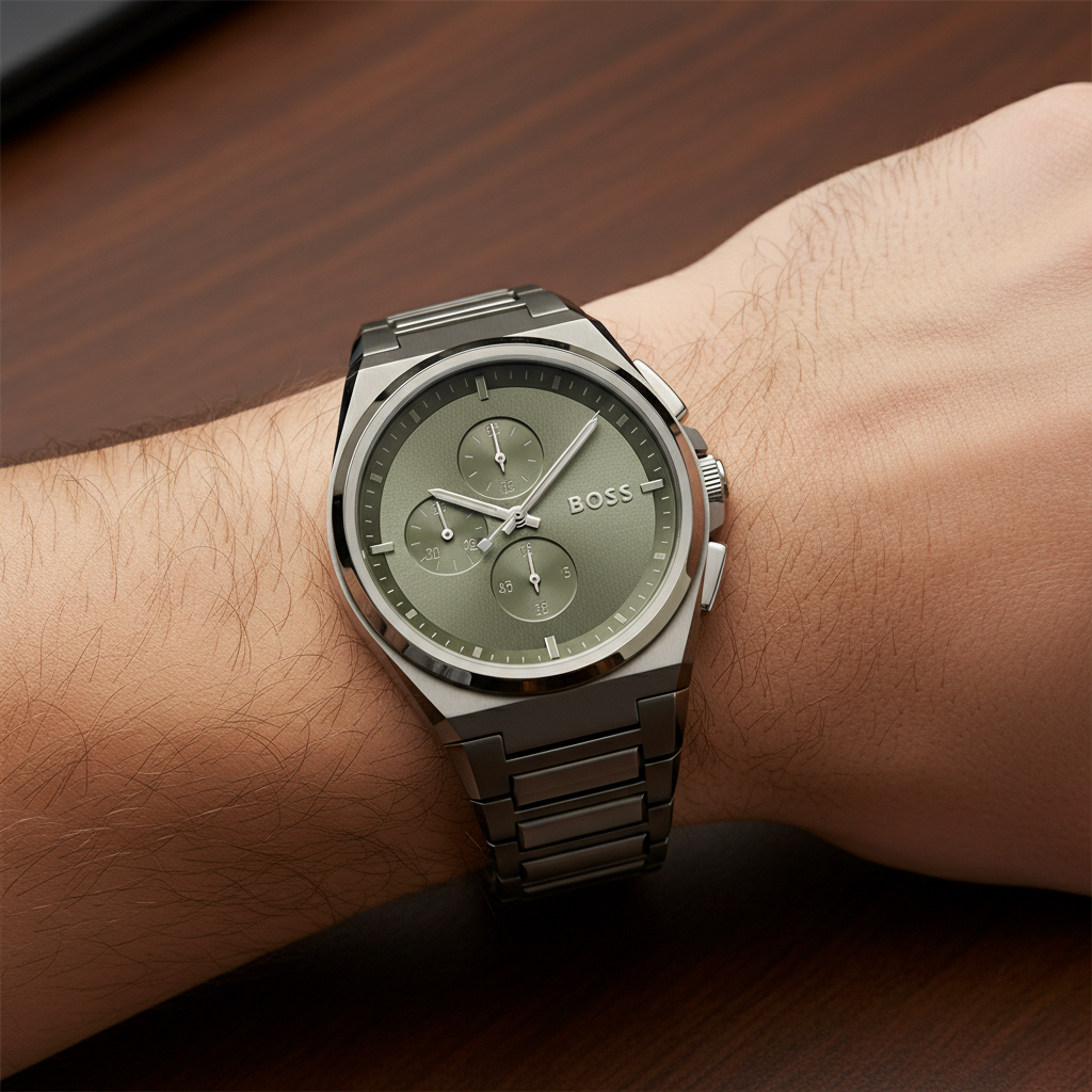 Hugo Boss Steer 1514045 44mm Men’s Chronograph Watch – Olive Green Dial & Gunmetal Grey Stainless Steel Link Bracelet