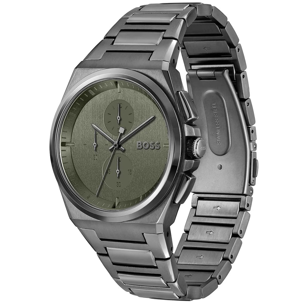 Hugo Boss Steer 1514045 44mm Men’s Chronograph Watch – Olive Green Dial & Gunmetal Grey Stainless Steel Link Bracelet