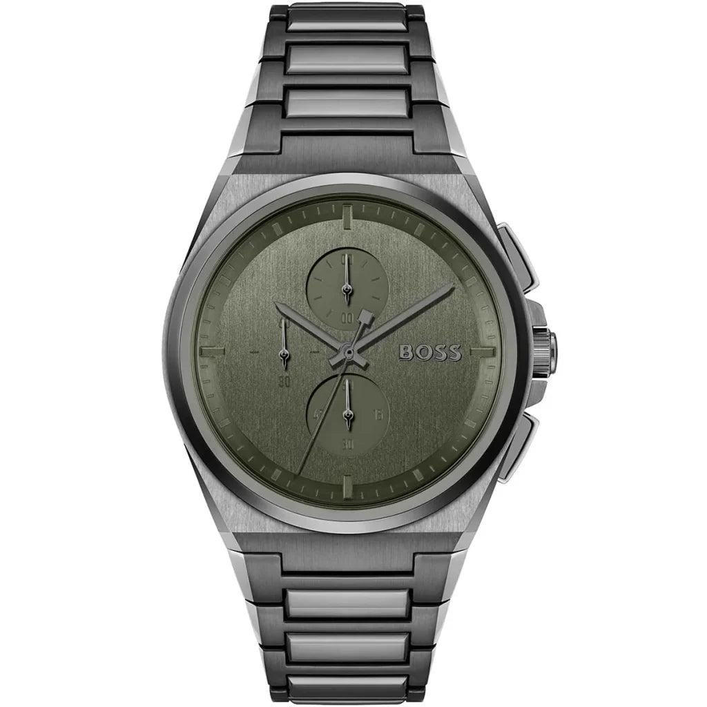 Hugo Boss Steer 1514045 44mm Men’s Chronograph Watch – Olive Green Dial & Gunmetal Grey Stainless Steel Link Bracelet