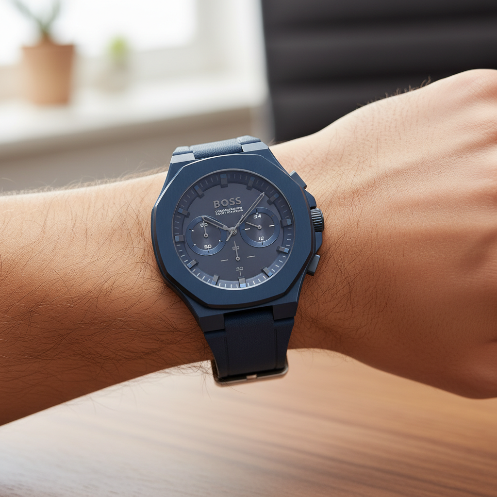 Hugo Boss Taper 1514086 45mm Men’s Chronograph Watch – Black Dial & Navy Blue Genuine Leather Strap