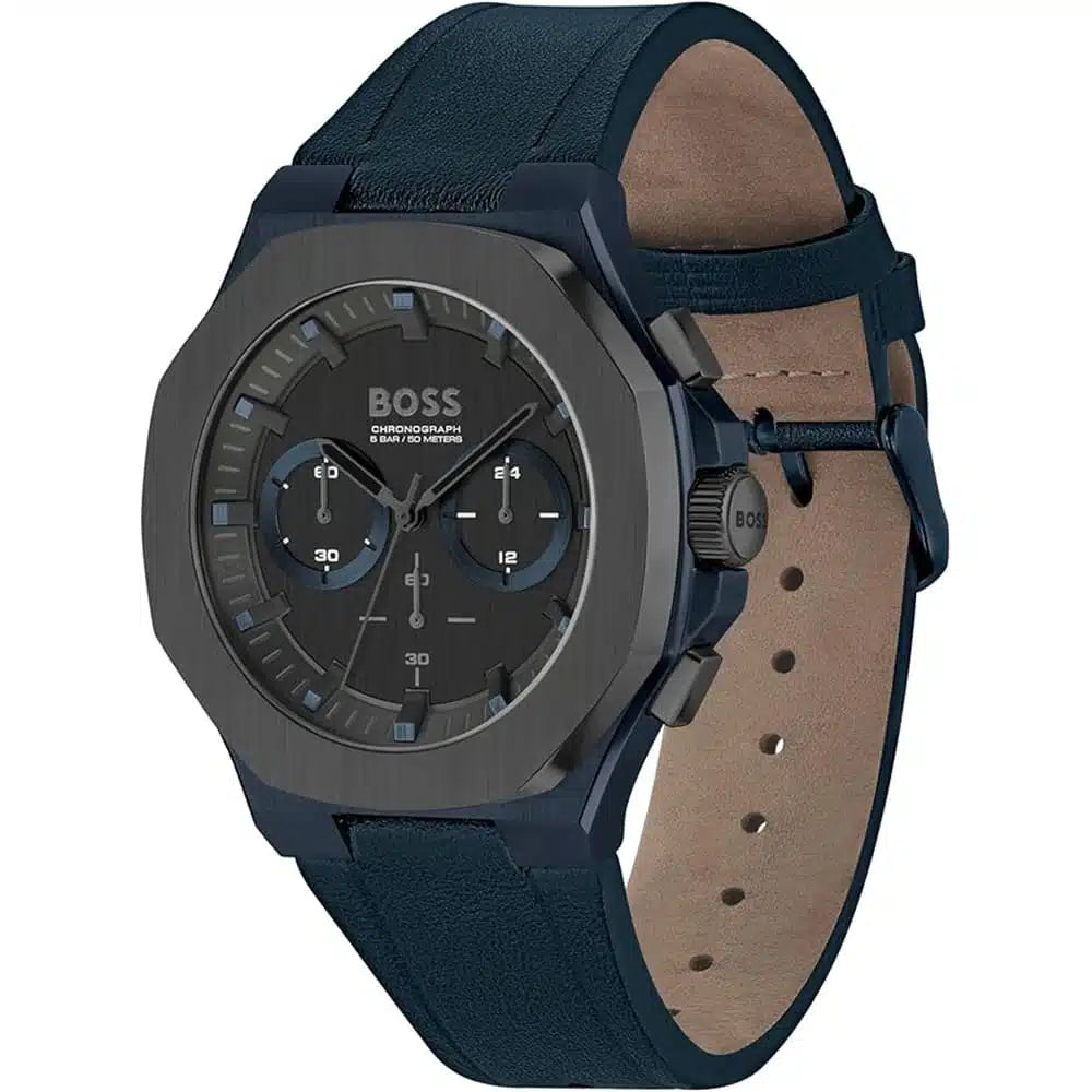 Hugo Boss Taper 1514086 45mm Men’s Chronograph Watch – Black Dial & Navy Blue Genuine Leather Strap