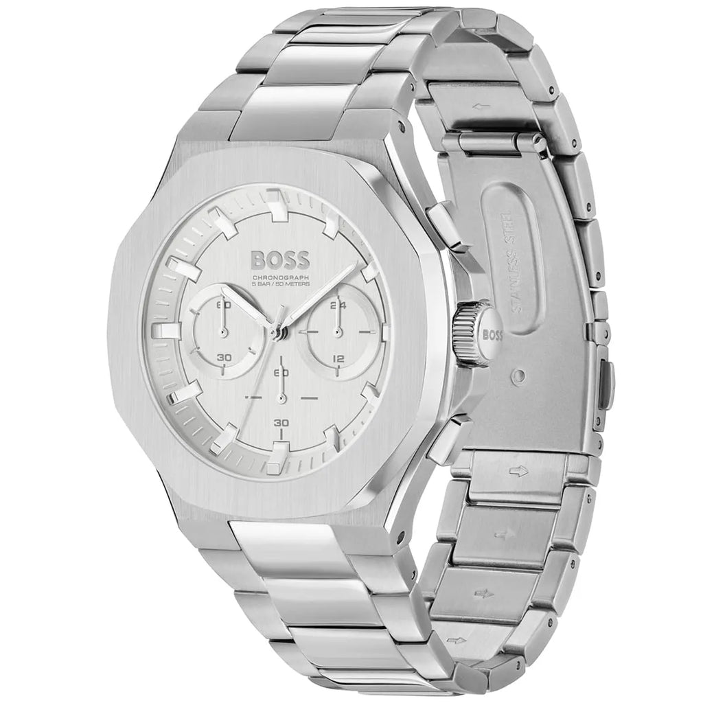 Hugo Boss Taper 1514087 45mm Men’s Chronograph Watch – Silver Sunray Dial & Stainless Steel Bracelet