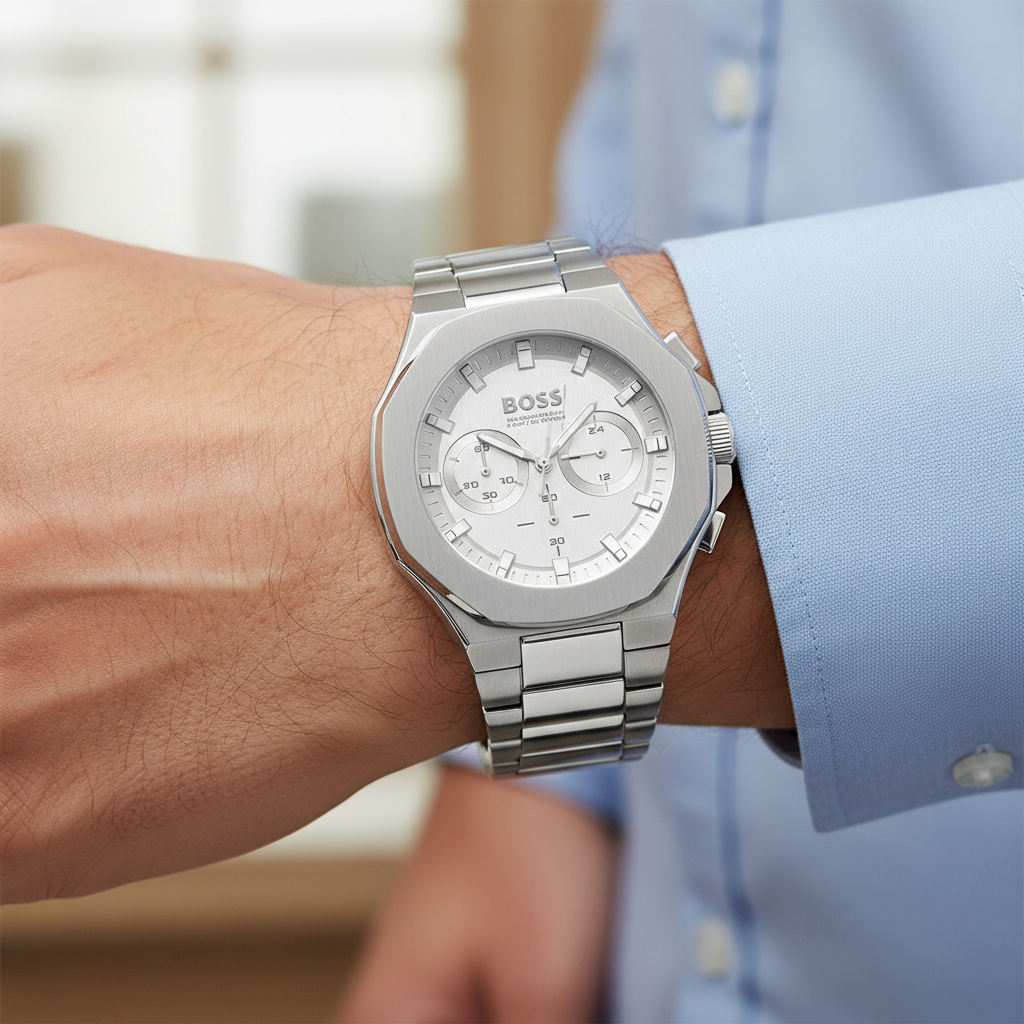 Hugo Boss Taper 1514087 45mm Men’s Chronograph Watch – Silver Sunray Dial & Stainless Steel Bracelet