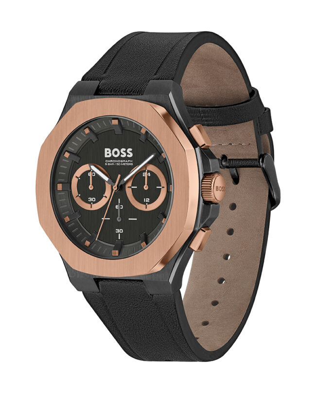 Hugo Boss Taper 1514089 45mm Men’s Chronograph Watch – Black Dial & Black Genuine Leather Strap