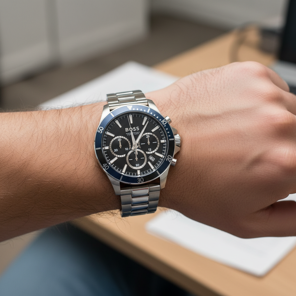 Hugo Boss Troper 1514101 45mm Men’s Chronograph Watch – Black Sunray Dial & Silver Stainless Steel Link Bracelet