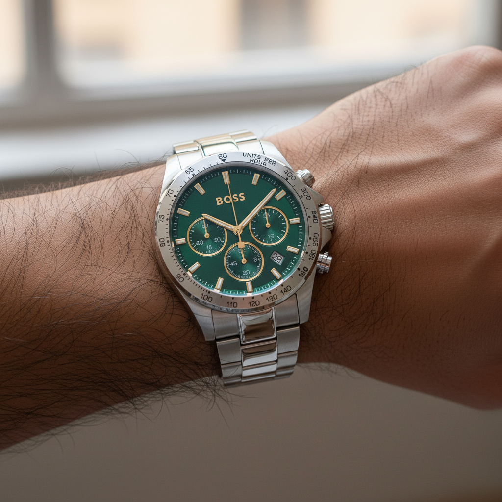Hugo Boss Hero 1514217 43mm Men’s Chronograph Watch – Green Dial & Silver Stainless Steel Link Bracelet