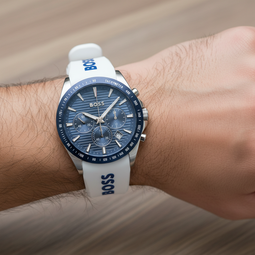 Hugo Boss Strike 1514238 41mm Men’s Chronograph Watch – Blue Dial & White Rubber Strap