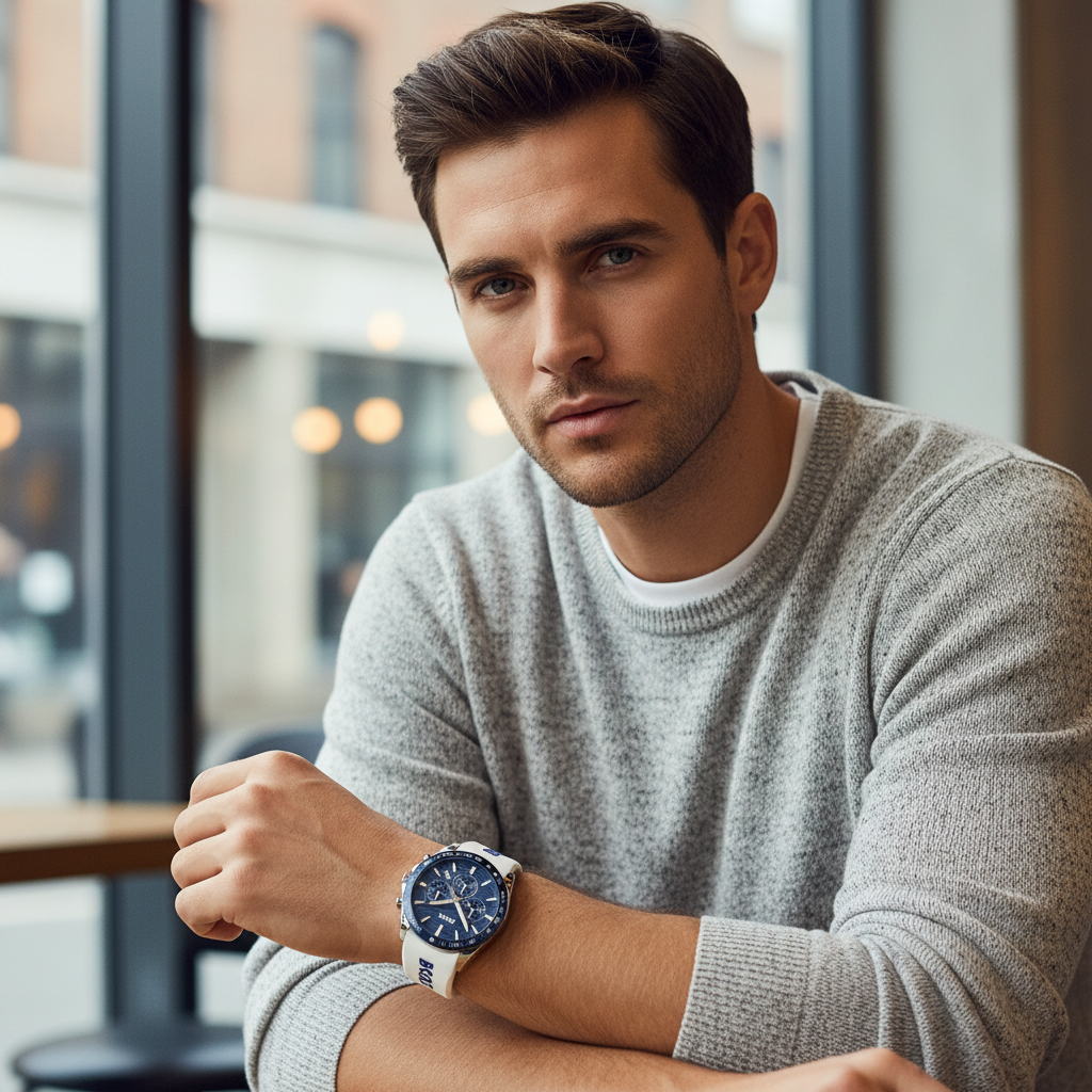 Hugo Boss Strike 1514238 41mm Men’s Chronograph Watch – Blue Dial & White Rubber Strap