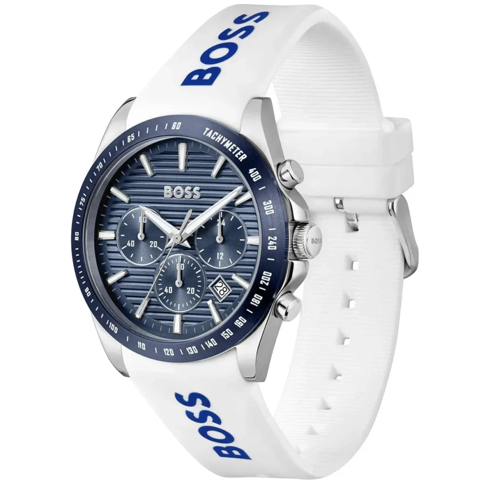 Hugo Boss Strike 1514238 41mm Men’s Chronograph Watch – Blue Dial & White Rubber Strap