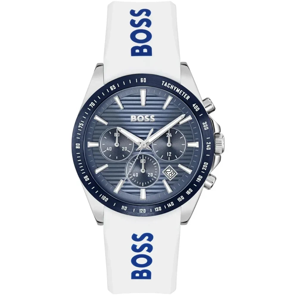 Hugo Boss Strike 1514238 41mm Men’s Chronograph Watch – Blue Dial & White Rubber Strap