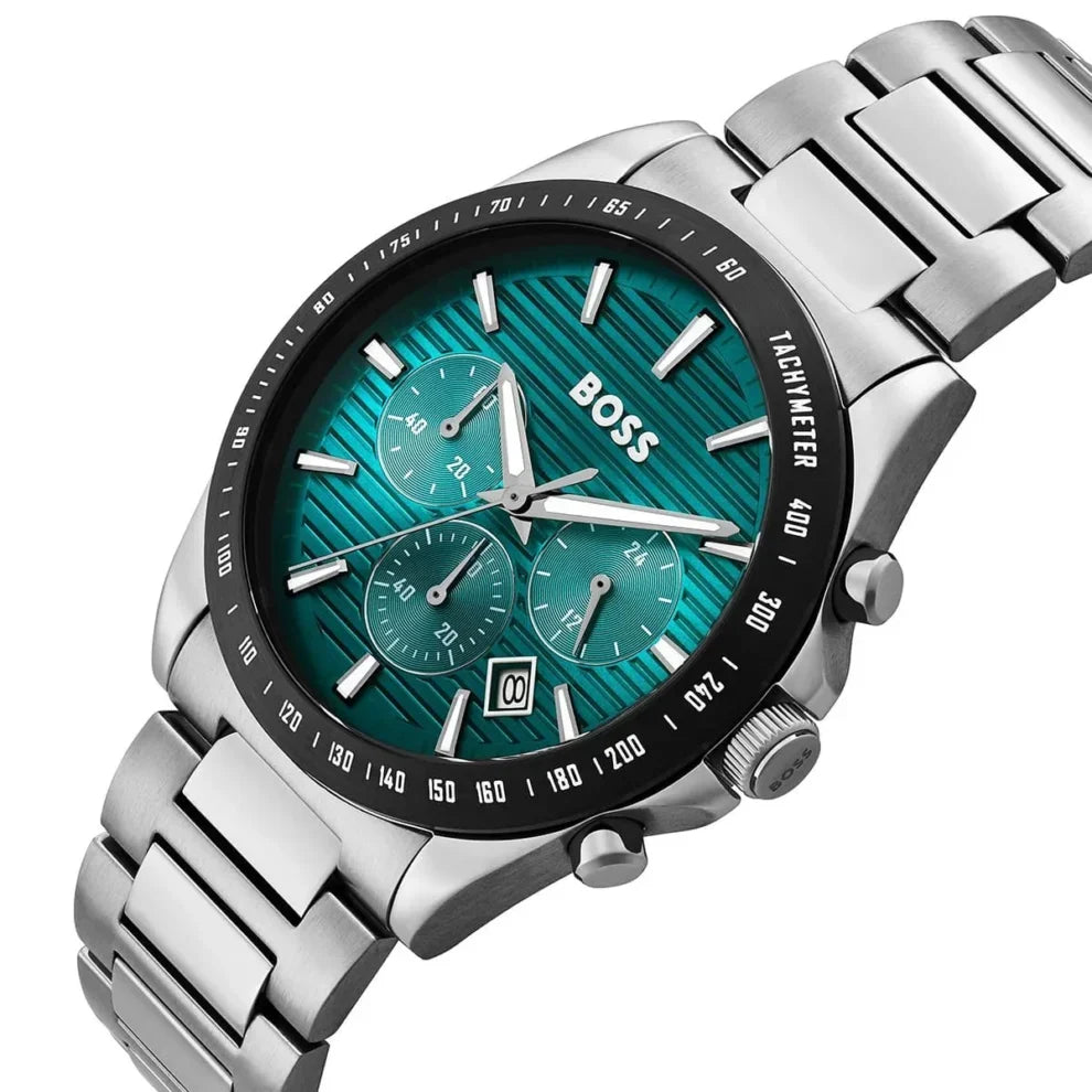 Hugo Boss Strike 1792156 Men's Silver Steel Watch With Textured Green Dial 1514241 41mm Men’s Chronograph Watch – Green Dial & Stainless Steel Bracelet