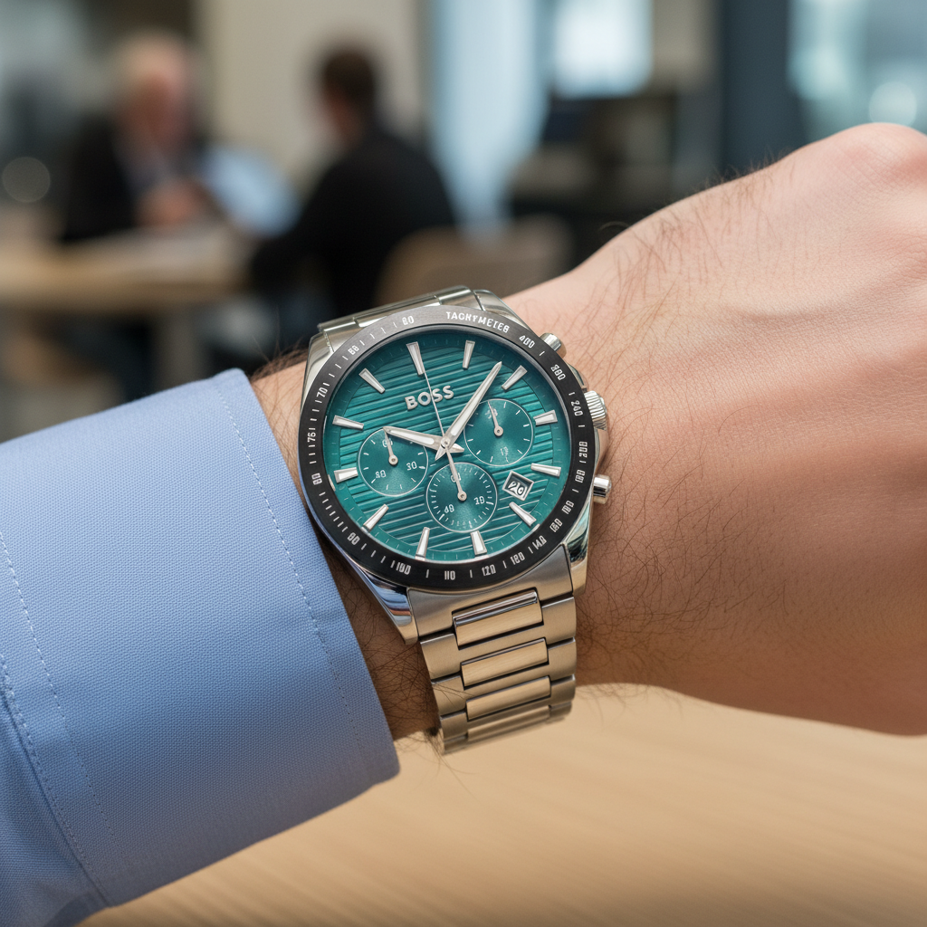 Hugo Boss Strike 1792156 Men's Silver Steel Watch With Textured Green Dial 1514241 41mm Men’s Chronograph Watch – Green Dial & Stainless Steel Bracelet