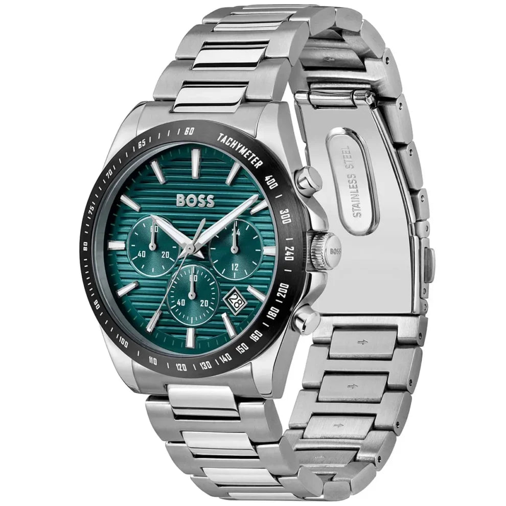 Hugo Boss Strike 1792156 Men's Silver Steel Watch With Textured Green Dial 1514241 41mm Men’s Chronograph Watch – Green Dial & Stainless Steel Bracelet