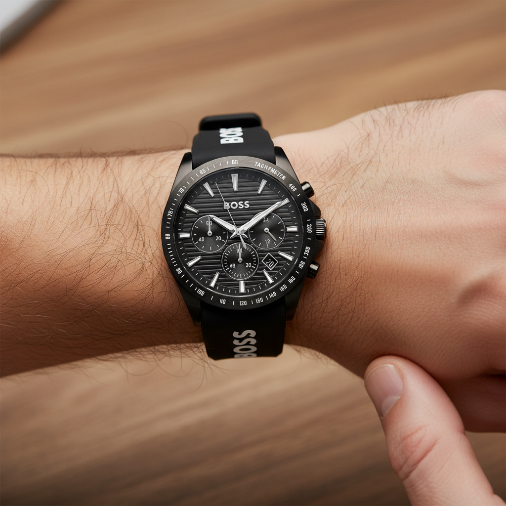 Hugo Boss Strike 1514289 41mm Men’s Chronograph Watch – Black Dial & Black Rubber Strap