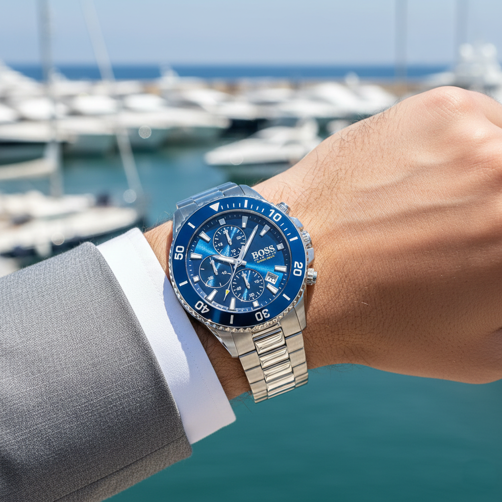 Hugo Boss Admiral 1513907 46mm Men’s Chronograph Watch – Blue Dial & Stainless Steel Bracelet