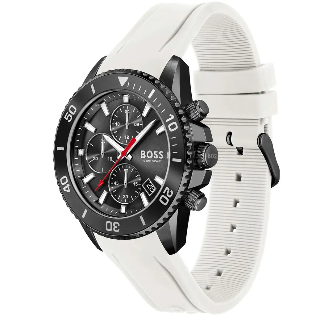 Hugo Boss Admiral 1513966 45mm Men’s Chronograph Watch – Black Dial & White Silicone Strap