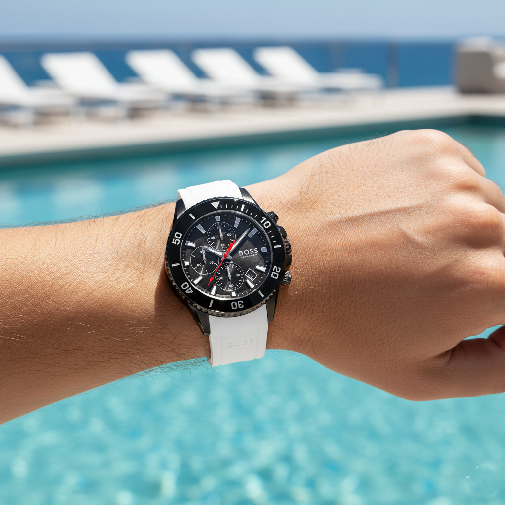 Hugo Boss Admiral 1513966 45mm Men’s Chronograph Watch – Black Dial & White Silicone Strap
