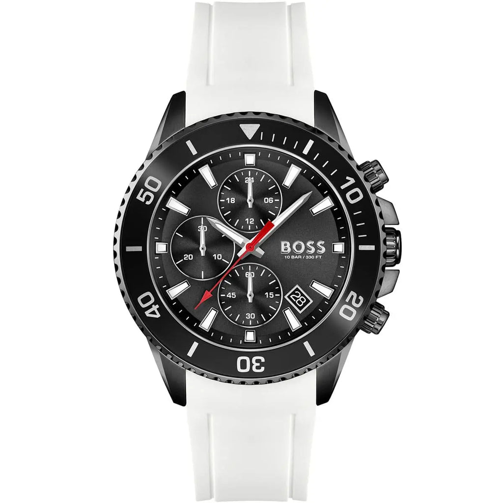 Hugo Boss Admiral 1513966 45mm Men’s Chronograph Watch – Black Dial & White Silicone Strap