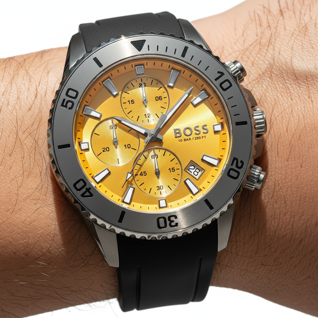 Hugo Boss Admiral 1513968 46mm Men’s Chronograph Watch – Yellow Dial & Black Silicone Strap