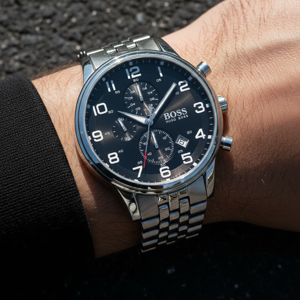 Hugo Boss Aeroliner 1512446 44mm Men’s Chronograph Watch – Black Dial & Stainless Steel Bracelet